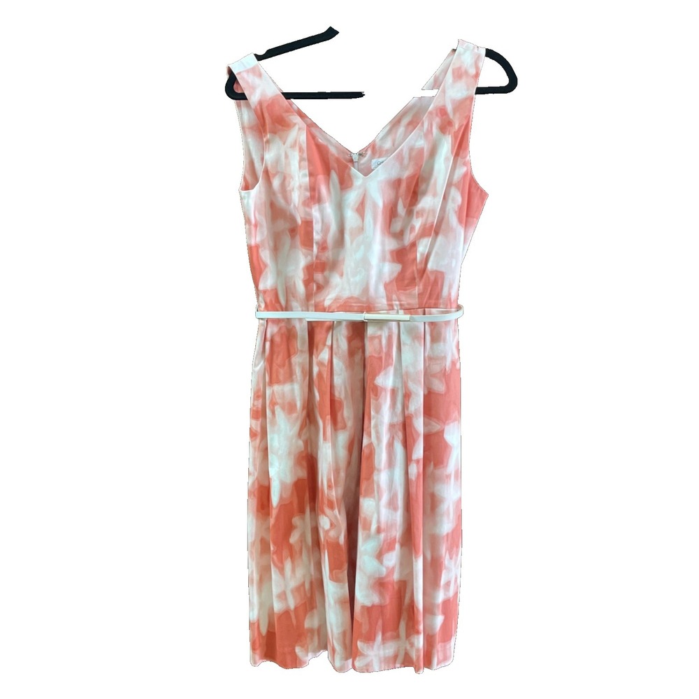 Calvin Klein Watercolor Belted Dress Pleated  Size 8 Pink White V Neck
